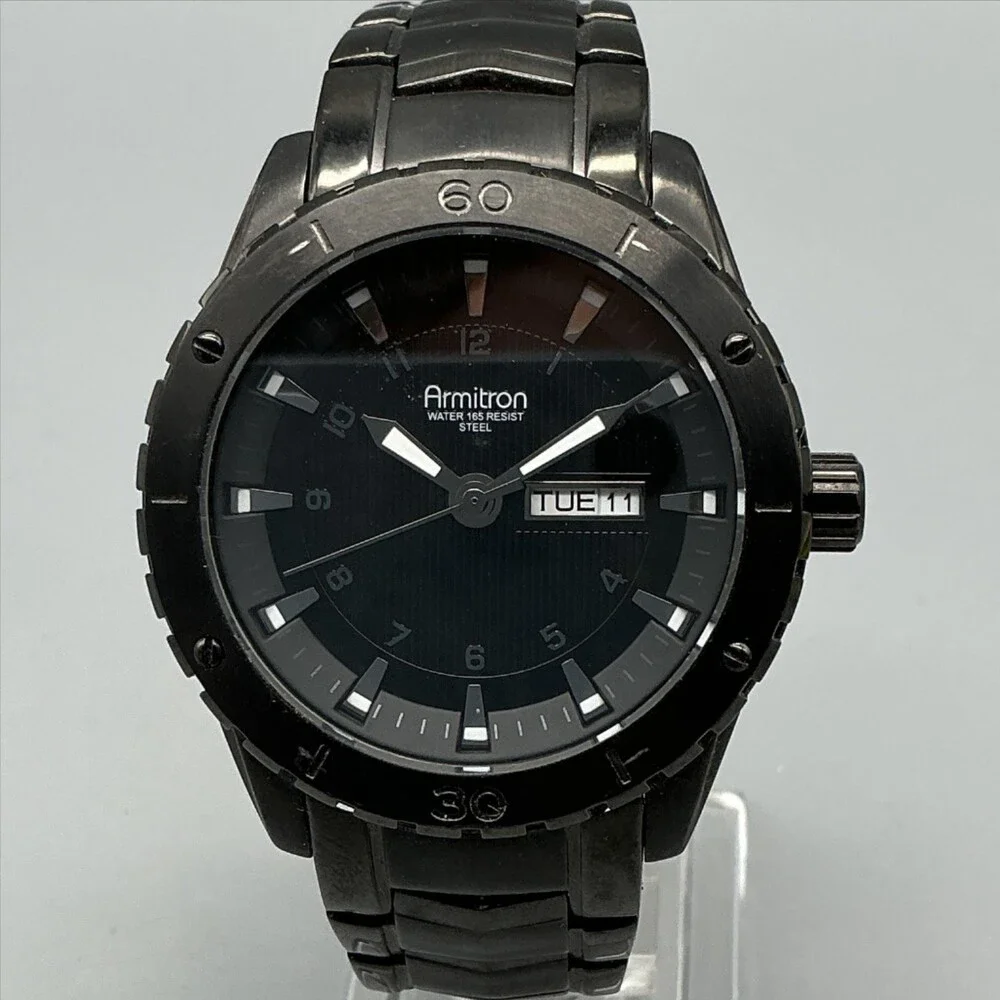 Armitron 20/4833HT Men Watch 43mm Black Dial Black Steel Day Date New Battery 7